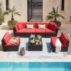 Devoko 7 Pieces Outdoor Sectional Sofa Patio Furniture Sets Manual Weaving Wicker Rattan Patio Conversation Sets with Cushion and Glass Table (Red)