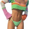Women Y2k Long Sleeve Knit Crop Top Casual Color Block Crochet Cropped Sweater Tops Square Neck Knitwear